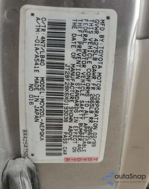 1999 Toyota Camry Le z USA, uszkodzony, nr VIN JT2BF28K6X0193038